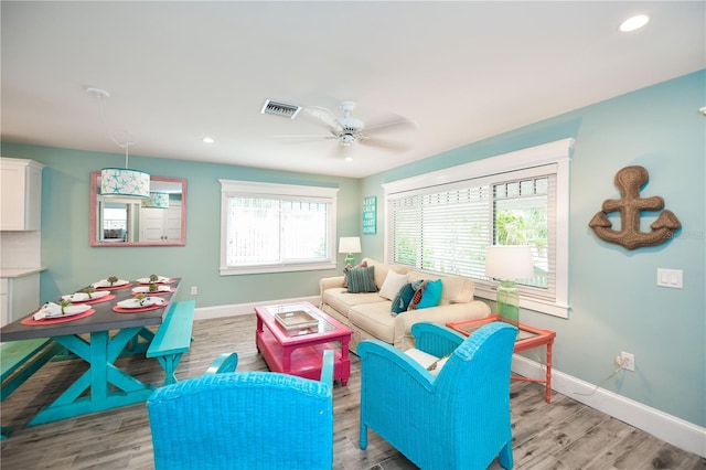205 Elm Ave, Anna Maria, FL 34216 - living room with visible vents, ceiling fan, light wood-style floors, baseboards, and recessed lighting