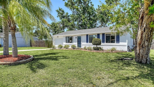 single story home featuring stucco siding, a garage, fence, and a front lawn