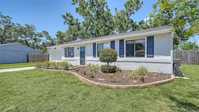 single story home featuring an attached garage, a front lawn, fence, and stucco siding