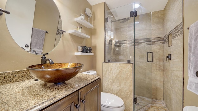 bathroom featuring vanity, a stall shower, and toilet