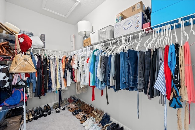 walk in closet featuring attic access and carpet floors