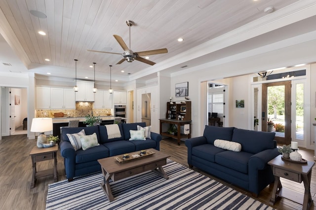 14210 9th Ter NE, Bradenton, FL 34212 - living area with wood finished floors, ceiling fan, crown molding, recessed lighting, and wood ceiling
