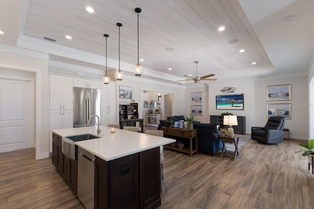 14210 9th Ter NE, Bradenton, FL 34212 - kitchen with stainless steel appliances, a sink, a tray ceiling, open floor plan, and recessed lighting
