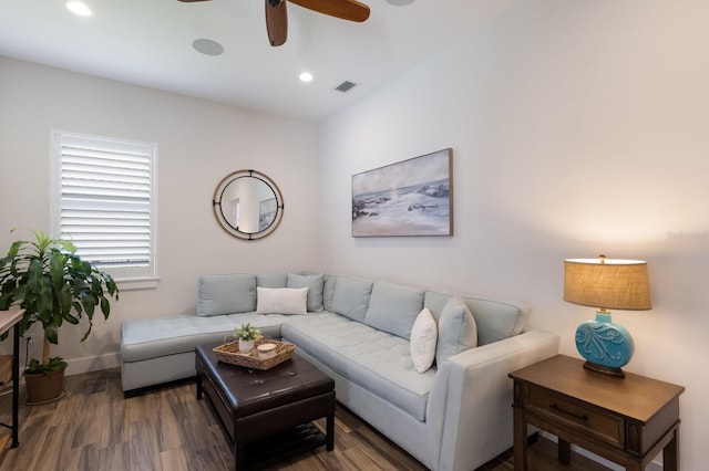 14210 9th Ter NE, Bradenton, FL 34212 - living room with a ceiling fan, wood finished floors, baseboards, and recessed lighting