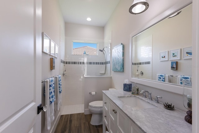 14210 9th Ter NE, Bradenton, FL 34212 - bathroom with walk in shower, toilet, wood finished floors, and vanity