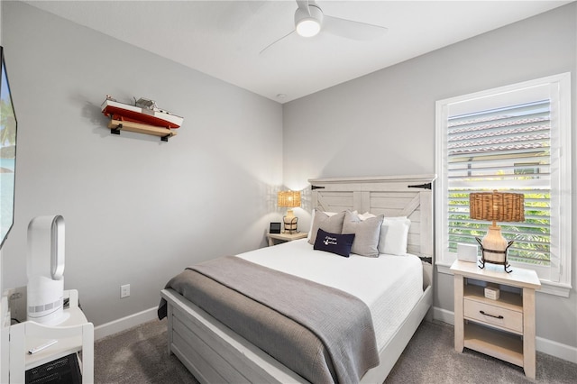 bedroom with baseboards, ceiling fan, and carpet flooring