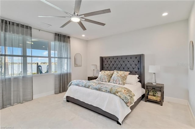 bedroom with ceiling fan, recessed lighting, and baseboards