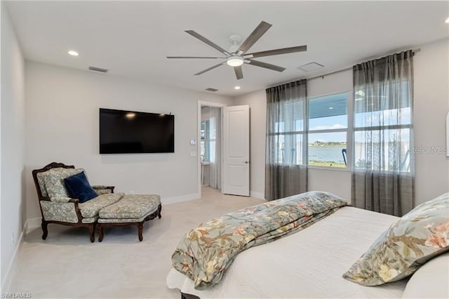 bedroom with visible vents, recessed lighting, a ceiling fan, and baseboards
