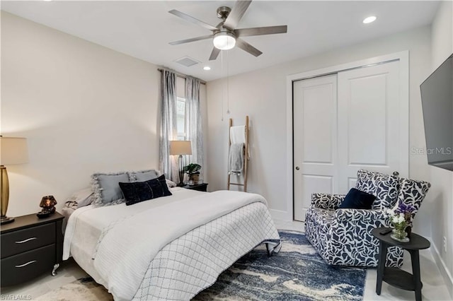 bedroom with recessed lighting, a closet, baseboards, visible vents, and a ceiling fan