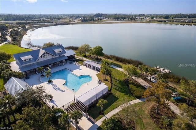 aerial view featuring a water view