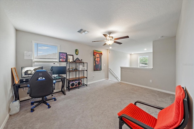 1723 Fred Ives St, Ruskin, FL 33570 - carpeted office space with a ceiling fan, baseboards, visible vents, and a textured ceiling