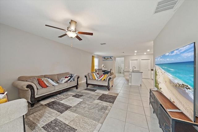 1723 Fred Ives St, Ruskin, FL 33570 - living room featuring ceiling fan, light tile patterned floors, visible vents, and recessed lighting