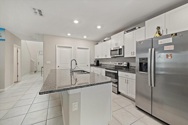 1723 Fred Ives St, Ruskin, FL 33570 - kitchen featuring light tile patterned floors, a sink, white cabinetry, visible vents, and appliances with stainless steel finishes