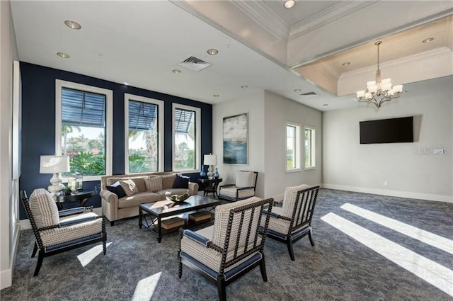 12291 Myrtle Bay Ct, Sarasota, FL 34238 - living room featuring dark carpet, ornamental molding, a chandelier, recessed lighting, and a raised ceiling