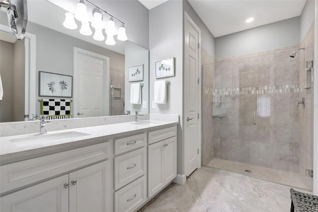 12291 Myrtle Bay Ct, Sarasota, FL 34238 - bathroom featuring a stall shower, double vanity, and marble finish flooring