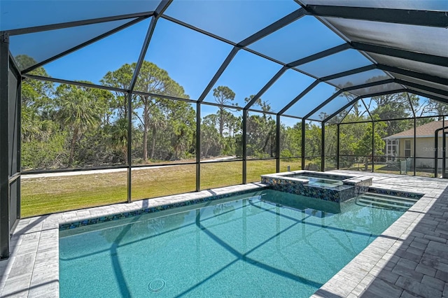 view of swimming pool featuring a patio, glass enclosure, a pool with connected hot tub, and a lawn