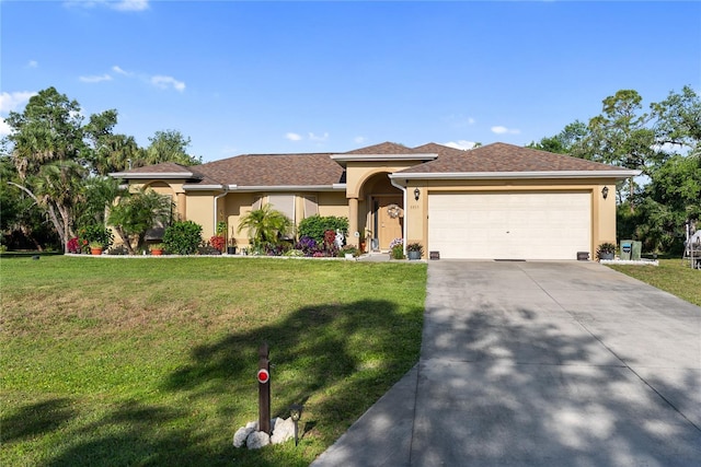 view of front of house featuring stucco siding, concrete driveway, and a front yard