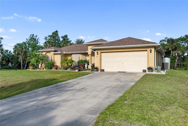single story home with driveway, a front yard, stucco siding, and a garage