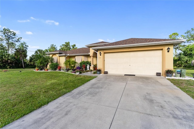 view of front facade with stucco siding, a front yard, concrete driveway, and an attached garage