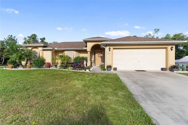 view of front of home with a front yard, stucco siding, driveway, and an attached garage