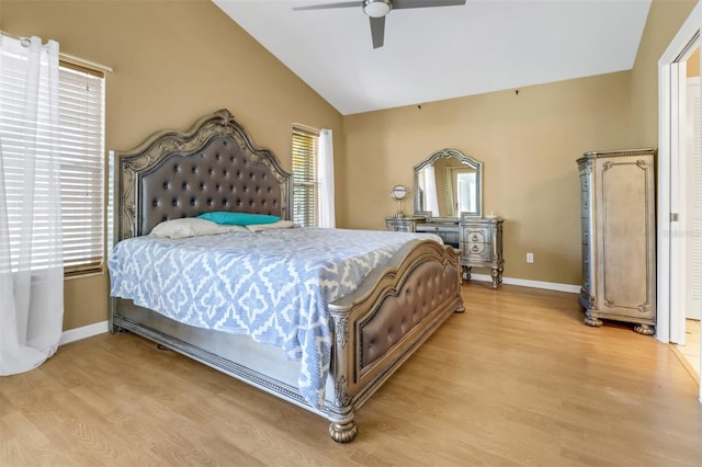 3640 Gloxinia Dr, North Fort Myers, FL 33917 - bedroom with light wood-style floors, ceiling fan, vaulted ceiling, and baseboards