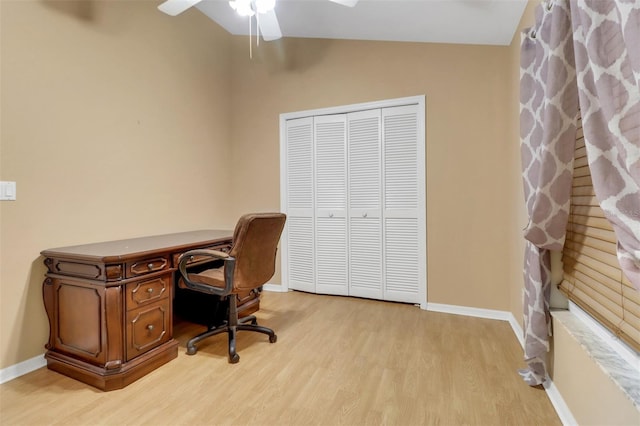 3640 Gloxinia Dr, North Fort Myers, FL 33917 - office space featuring light wood finished floors, a ceiling fan, vaulted ceiling, and baseboards