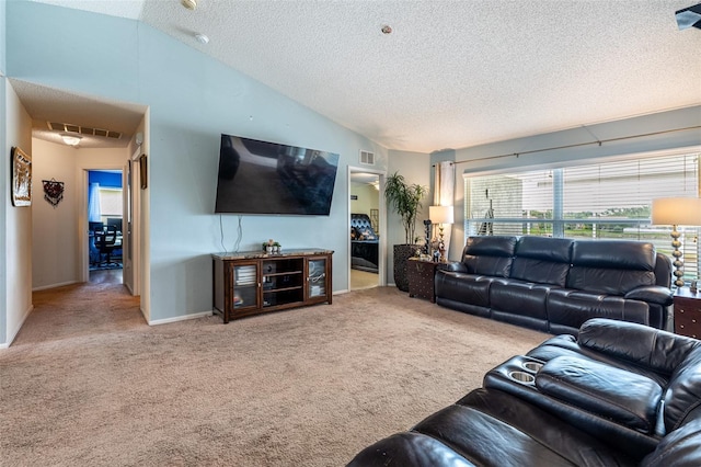 12026 Warwick Cir, Parrish, FL 34219 - living area featuring carpet floors, a textured ceiling, and vaulted ceiling