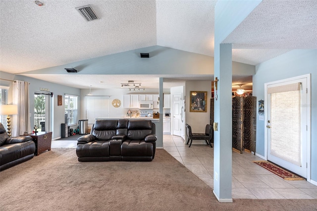 12026 Warwick Cir, Parrish, FL 34219 - living area with a textured ceiling, lofted ceiling, light tile patterned floors, and light carpet