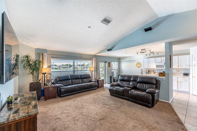 12026 Warwick Cir, Parrish, FL 34219 - living area with vaulted ceiling, a textured ceiling, light carpet, and light tile patterned floors