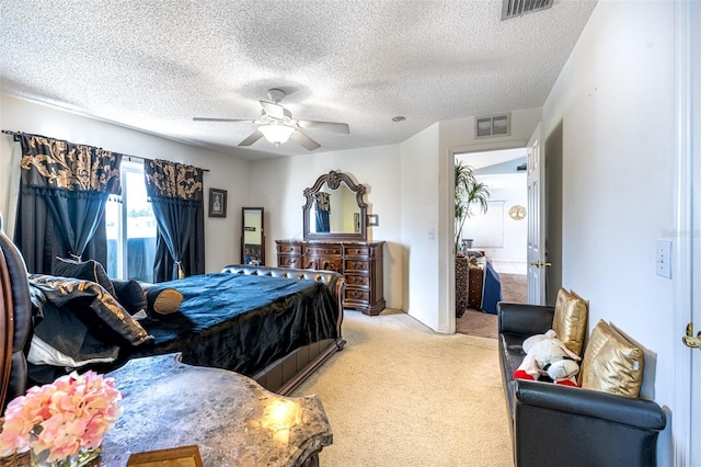 12026 Warwick Cir, Parrish, FL 34219 - bedroom with light carpet, a textured ceiling, and ceiling fan