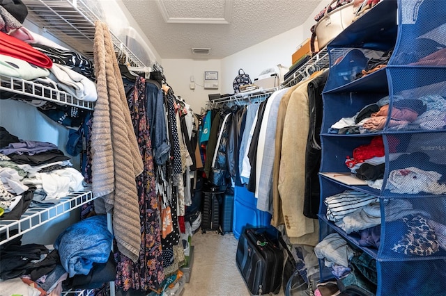 12026 Warwick Cir, Parrish, FL 34219 - walk in closet featuring attic access and carpet floors