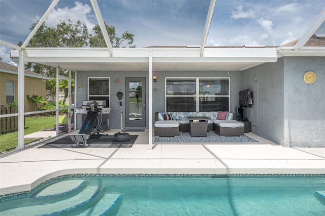 12026 Warwick Cir, Parrish, FL 34219 - outdoor pool with an outdoor living space, a patio, and glass enclosure