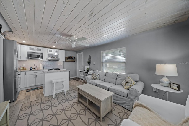 2537 Ashton Rd, Sarasota, FL 34231 - living area with wood ceiling, light wood-style floors, a ceiling fan, and recessed lighting
