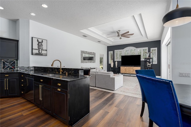 3806 155th Ave E, Parrish, FL 34219 - kitchen with a ceiling fan, dark wood-style flooring, a raised ceiling, a textured ceiling, and black dishwasher