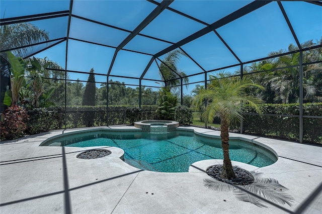 3806 155th Ave E, Parrish, FL 34219 - view of swimming pool with a pool with connected hot tub, a patio area, and glass enclosure