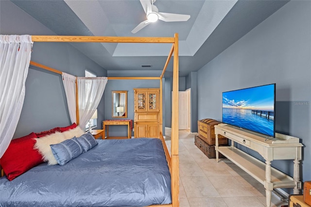 tiled bedroom with visible vents and ceiling fan