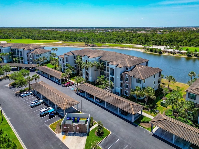 bird's eye view with a water view