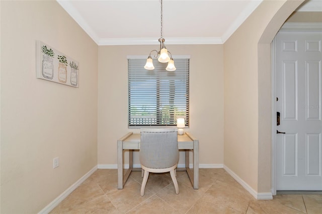 dining area with ornamental molding, arched walkways, light tile patterned flooring, and baseboards
