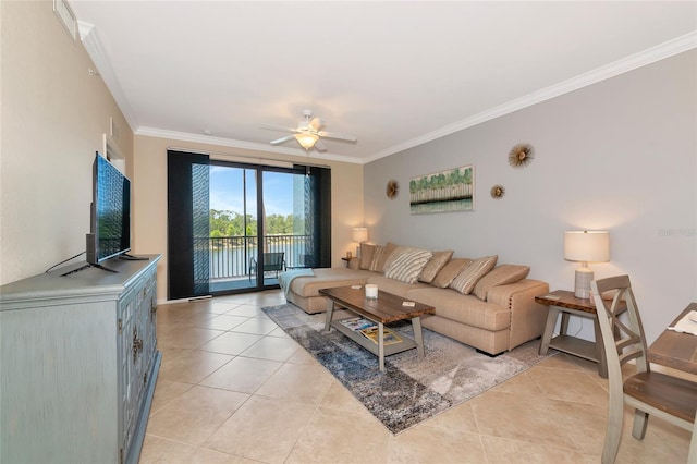 living area featuring light tile patterned floors, a ceiling fan, and ornamental molding