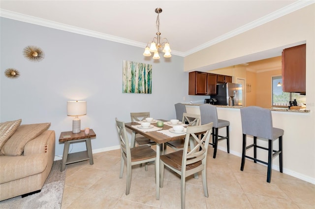 dining room featuring baseboards, light tile patterned floors, an inviting chandelier, and crown molding