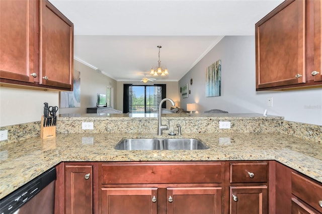 kitchen featuring stainless steel dishwasher, light stone counters, a sink, a notable chandelier, and a peninsula