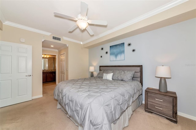 bedroom with baseboards, visible vents, ornamental molding, and light carpet
