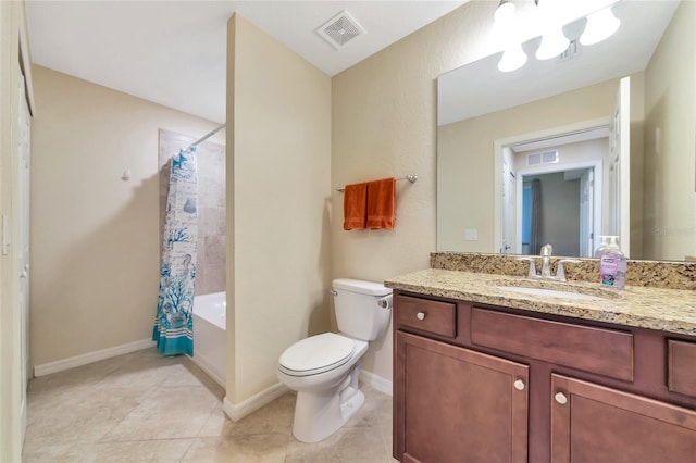 full bath featuring toilet, vanity, visible vents, and tile patterned floors