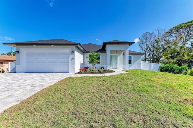 view of front facade featuring a garage, stucco siding, and fence