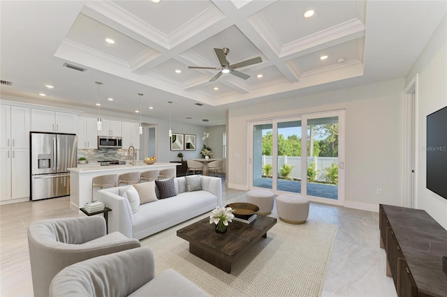 living area with beamed ceiling, coffered ceiling, recessed lighting, and visible vents