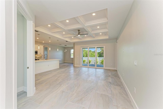 unfurnished living room with recessed lighting, coffered ceiling, beamed ceiling, ceiling fan, and baseboards