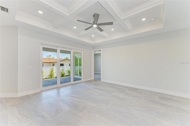 spare room with coffered ceiling, beamed ceiling, baseboards, visible vents, and crown molding