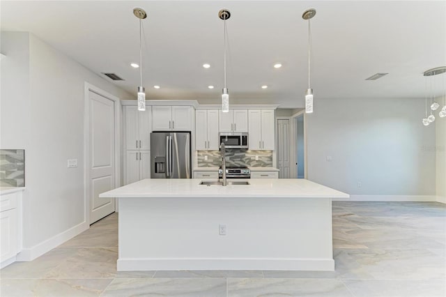 kitchen with recessed lighting, decorative backsplash, visible vents, baseboards, and appliances with stainless steel finishes