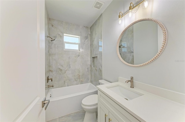 full bathroom with visible vents, toilet, shower / bath combination, and vanity