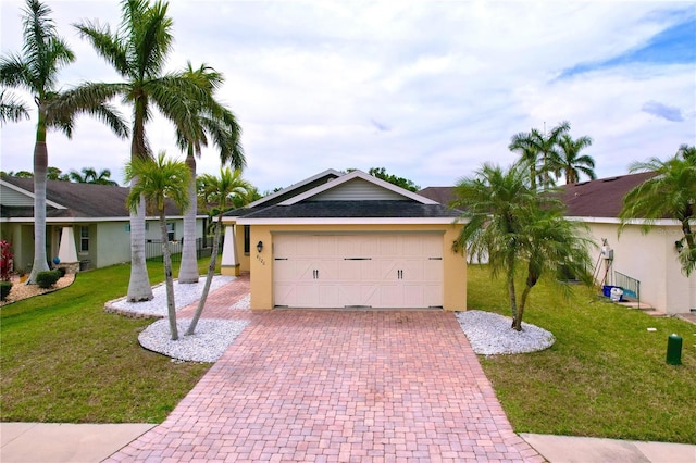 ranch-style home with a garage, stucco siding, decorative driveway, and a front lawn